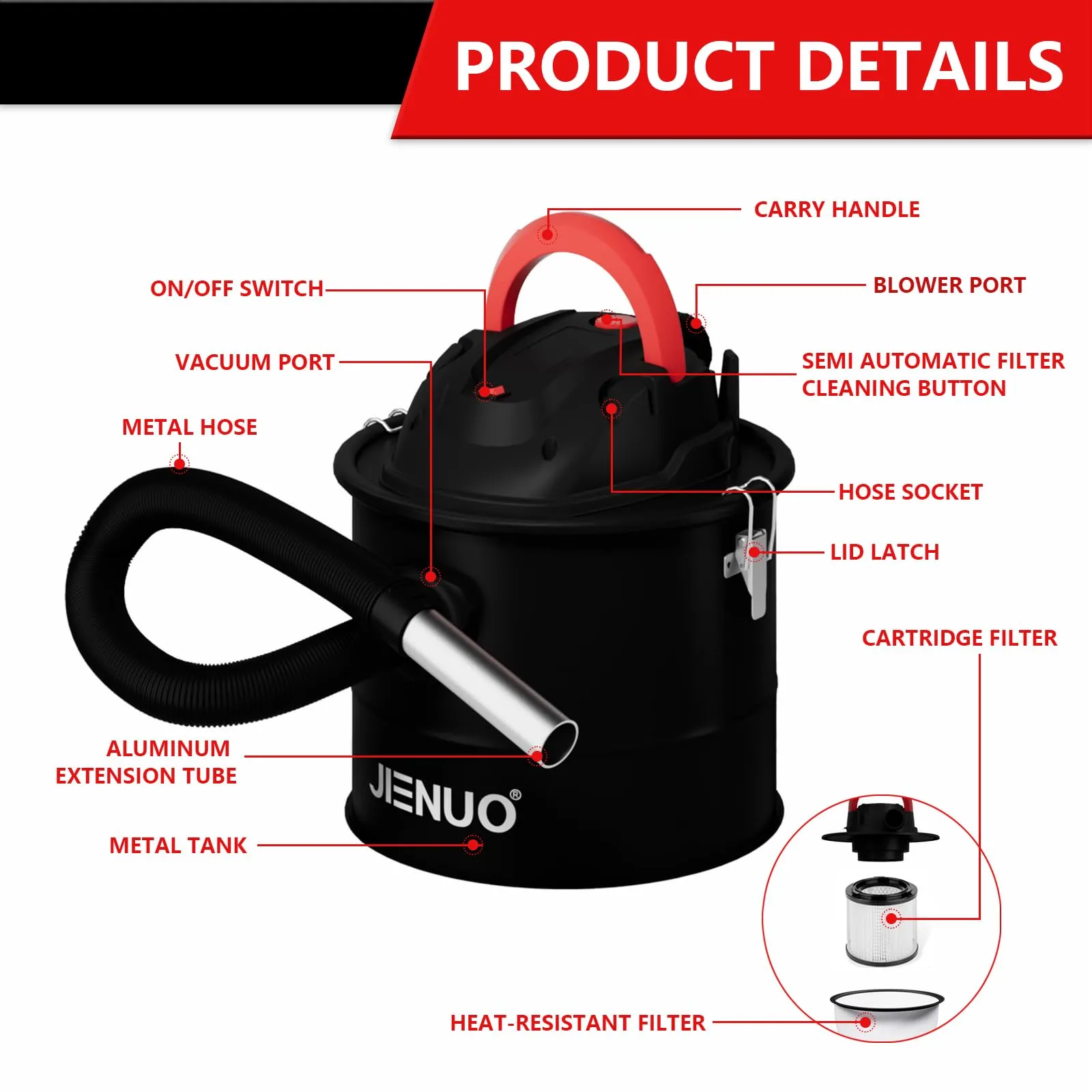 JIENUO 4 Gallon Ash Vacuum Cleaner with 1000W Suction, Semi Auto Filter Clean, Blower Function - Image 2