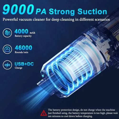 KMM Handheld Car Vacuum Cleaner 9000Pa, 120W Wet & Dry Cleaner with LED Light & Multi-Nozzles - Image 3