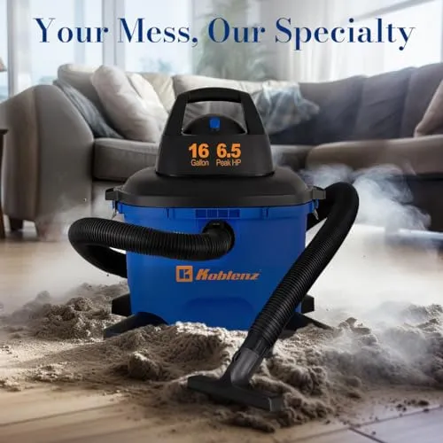 Koblenz WD-16 L4 Portable Wet-Dry Vacuum, 16 Gallon Tank, Powerful 6.5HP, Black & Blue - Image 3