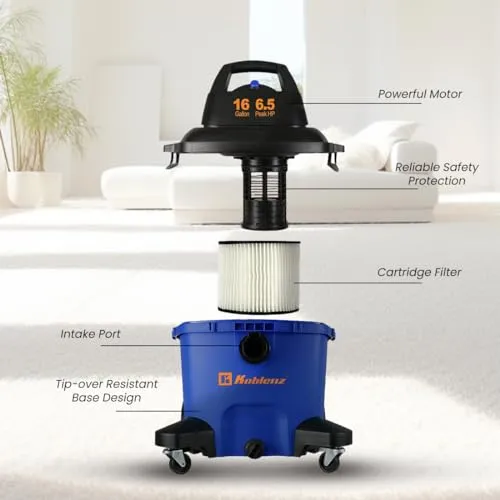 Koblenz WD-16 L4 Portable Wet-Dry Vacuum, 16 Gallon Tank, Powerful 6.5HP, Black & Blue - Image 5