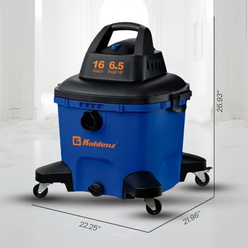 Koblenz WD-16 L4 Portable Wet-Dry Vacuum, 16 Gallon Tank, Powerful 6.5HP, Black & Blue - Image 6