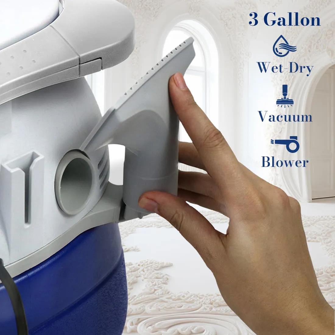 Koblenz WD-402 KG4 Portable Wet-Dry Vacuum Cleaner, 3 Gallon Tank, White+Blue - 3-in-1 Functionality - Image 2