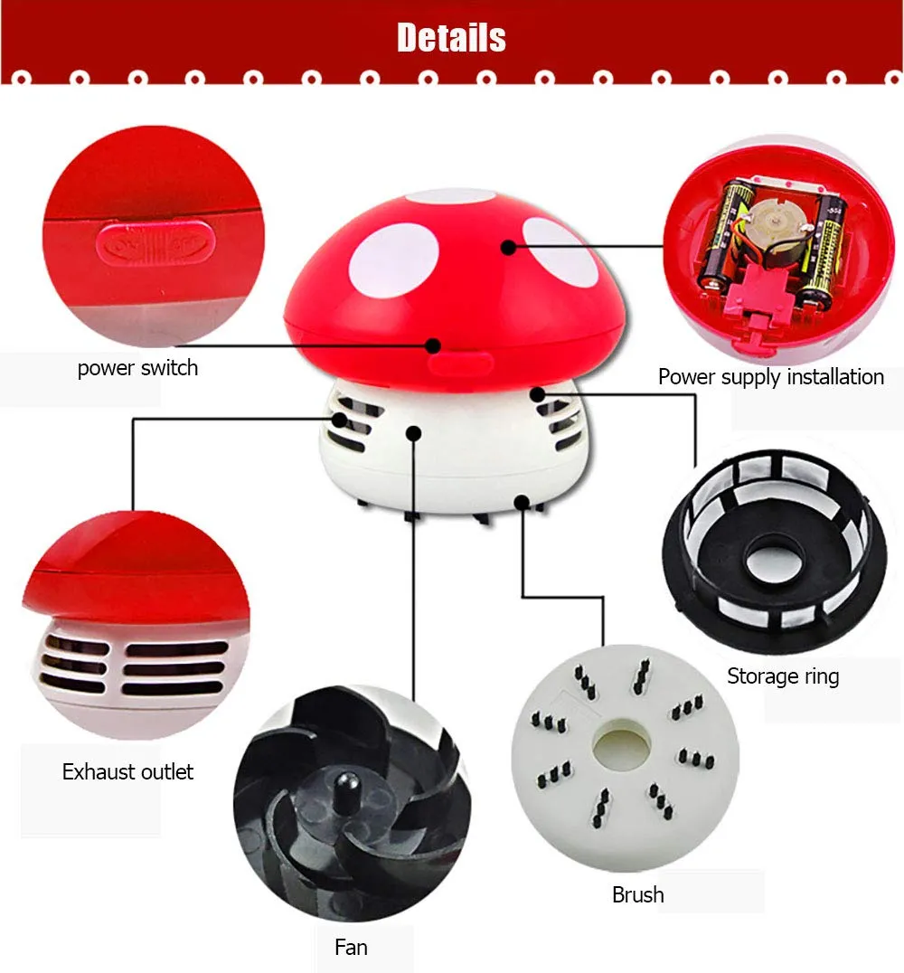 Mini Cute Mushroom Vacuum Cleaner - Portable Red Dust Sweeper for Home & Office Cleaning - Image 2