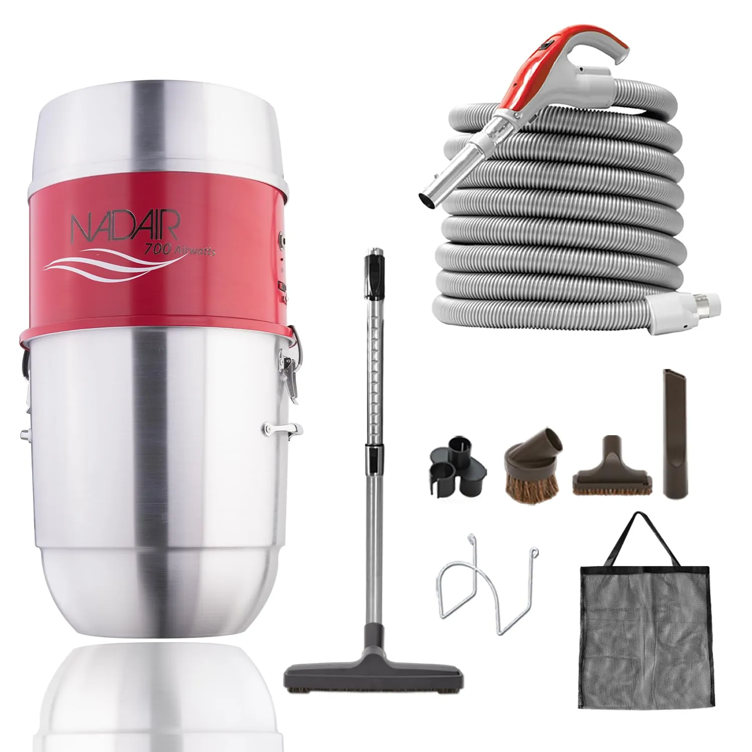 Nadair 700 AW Compact Central Vacuum System with Hybrid Filtration, 30ft Accessory Kit, Silver