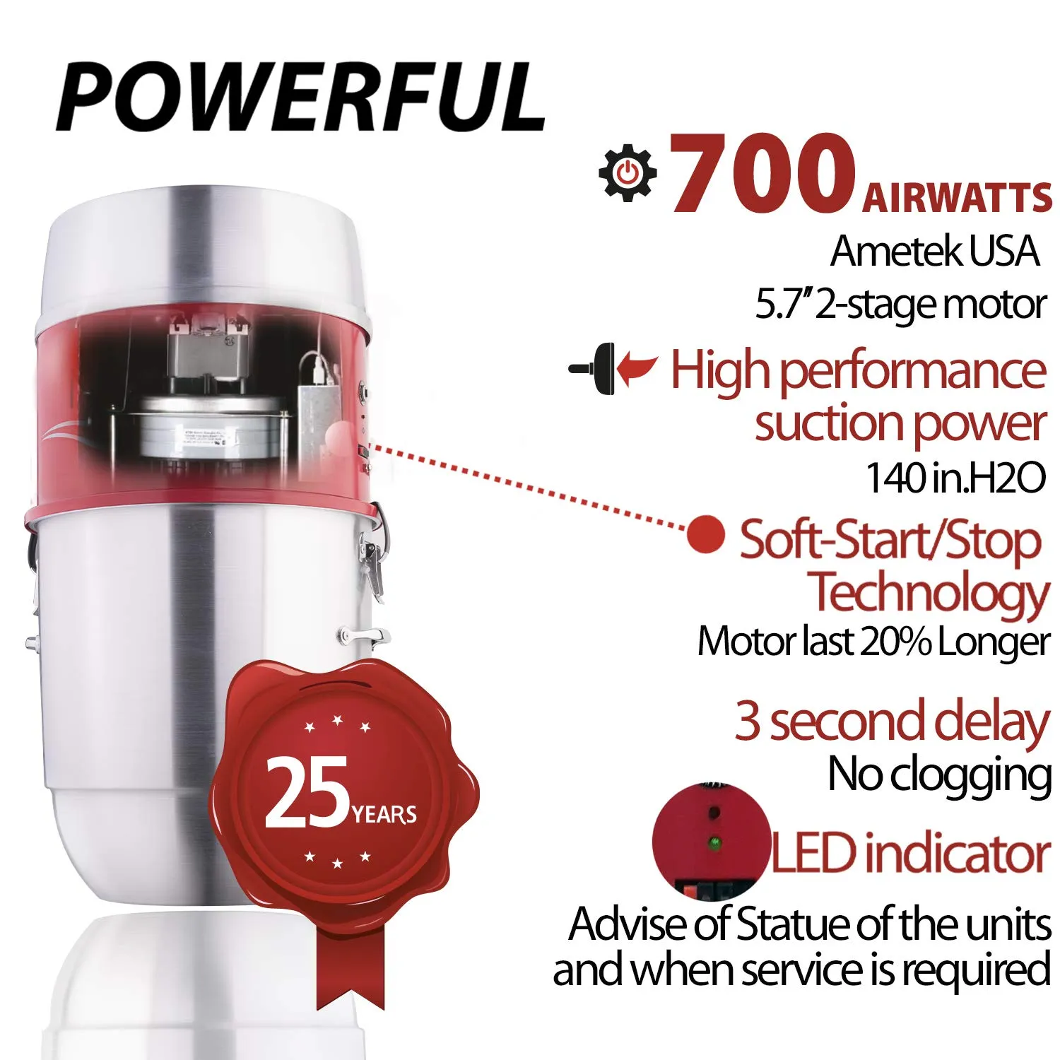 Nadair 700 AW Compact Central Vacuum System with Hybrid Filtration, 30ft Accessory Kit, Silver - Image 2