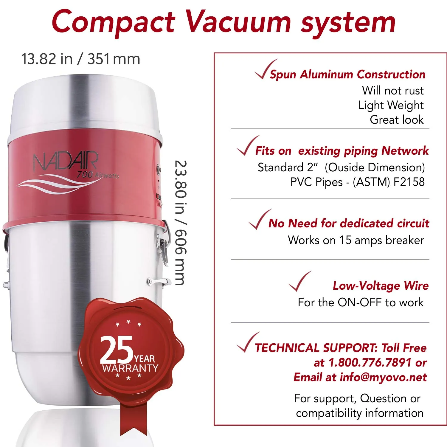 Nadair 700 AW Compact Central Vacuum System with Hybrid Filtration, 30ft Accessory Kit, Silver - Image 3