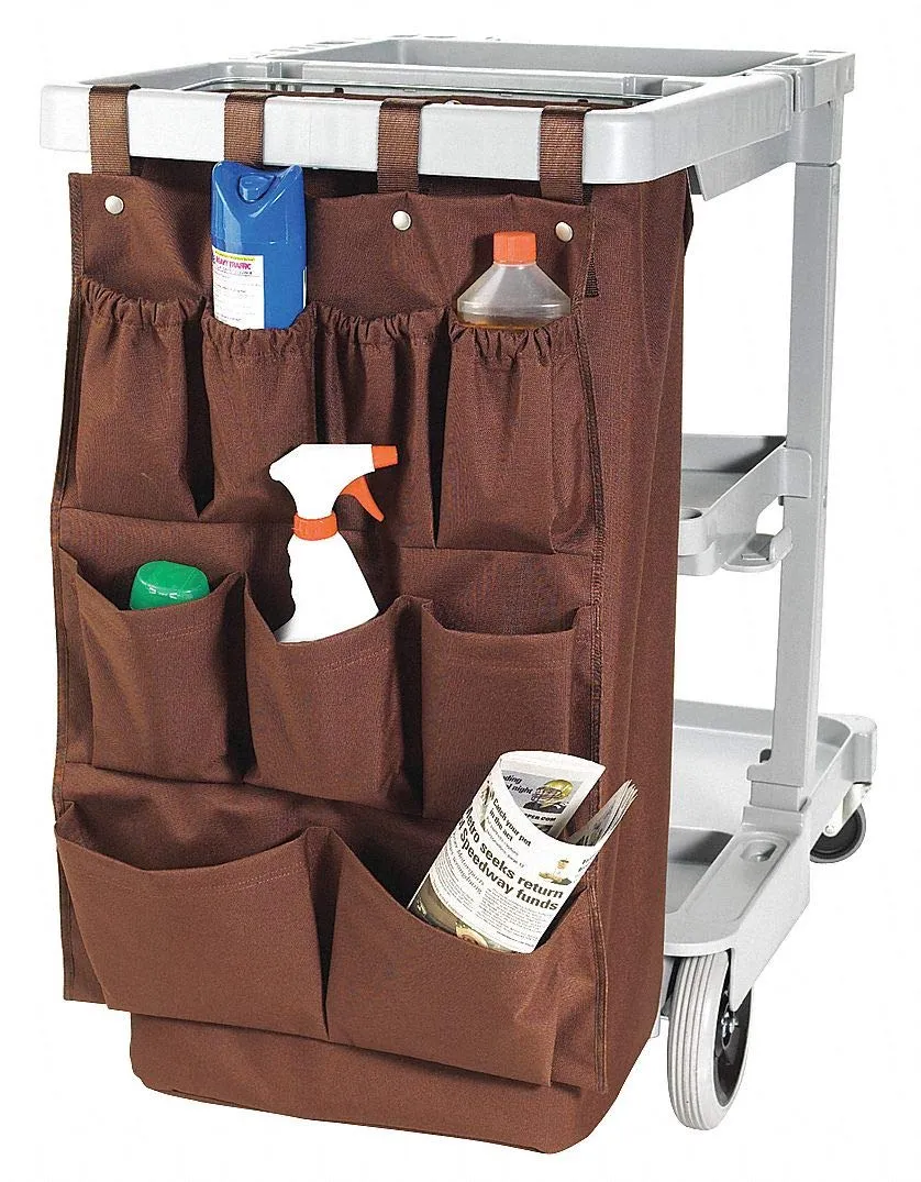 Nine Pocket Caddy Bag, 32 In L, Brown - For Housekeeping Carts, Durable Polyester/PVC