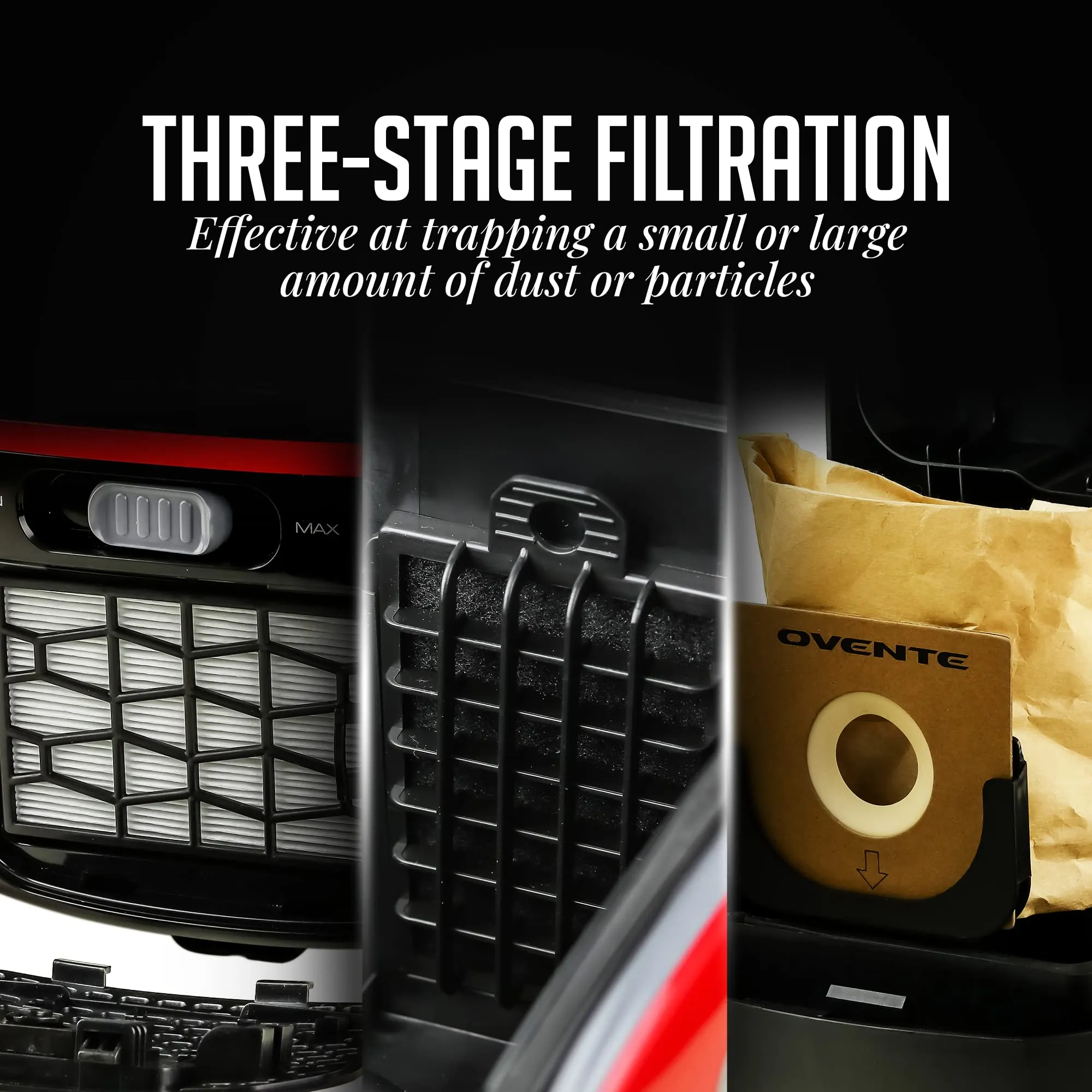 OVENTE ST1600B Electric Vacuum Cleaner, Adjustable Suction, Stainless Steel Wand, Automatic Cord Rewind, Lightweight, Black - Image 3