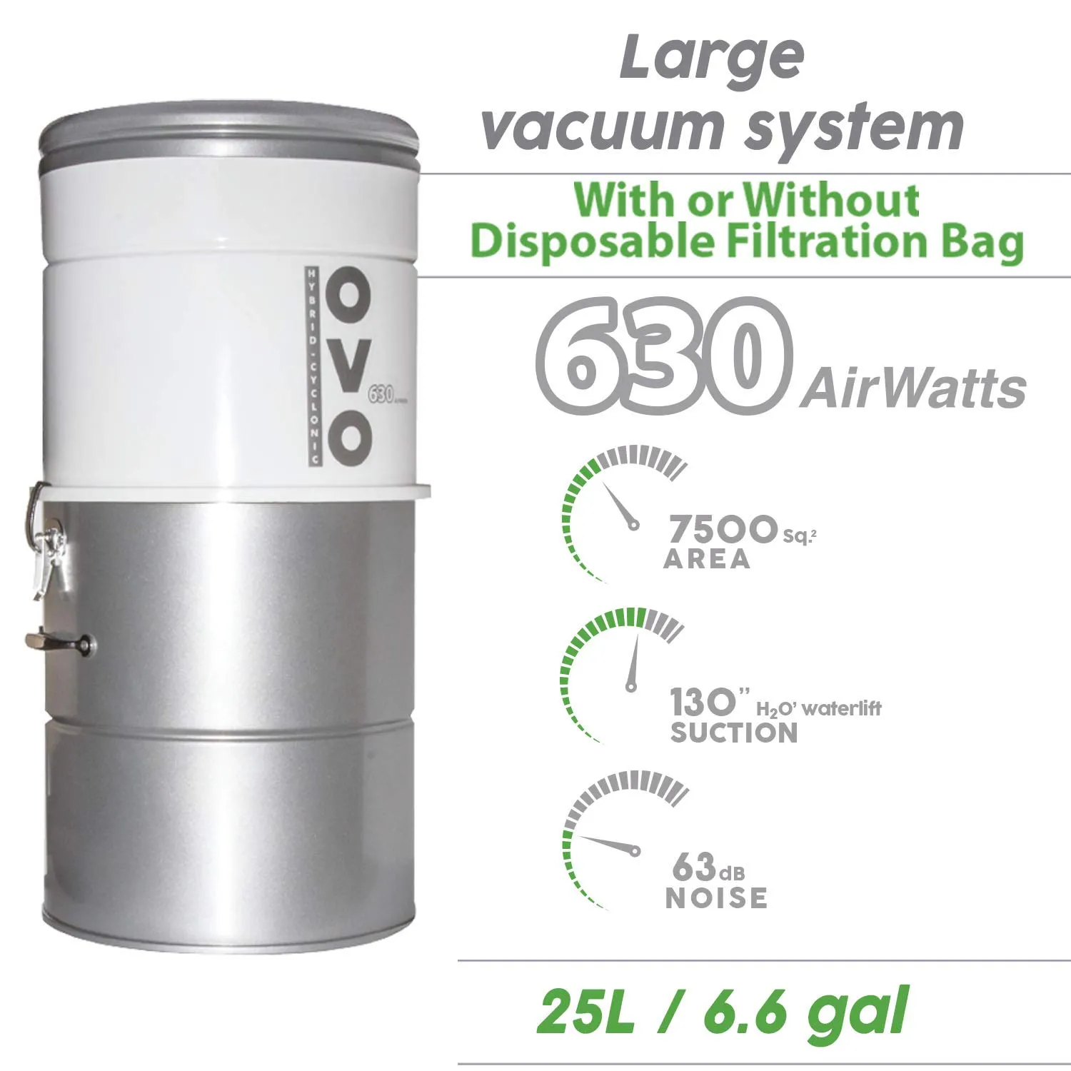 OVO 630AW Large Central Vacuum System, Hybrid Filtration, Covers 7500 sq.ft, 6.6 Gal Canister - Image 2