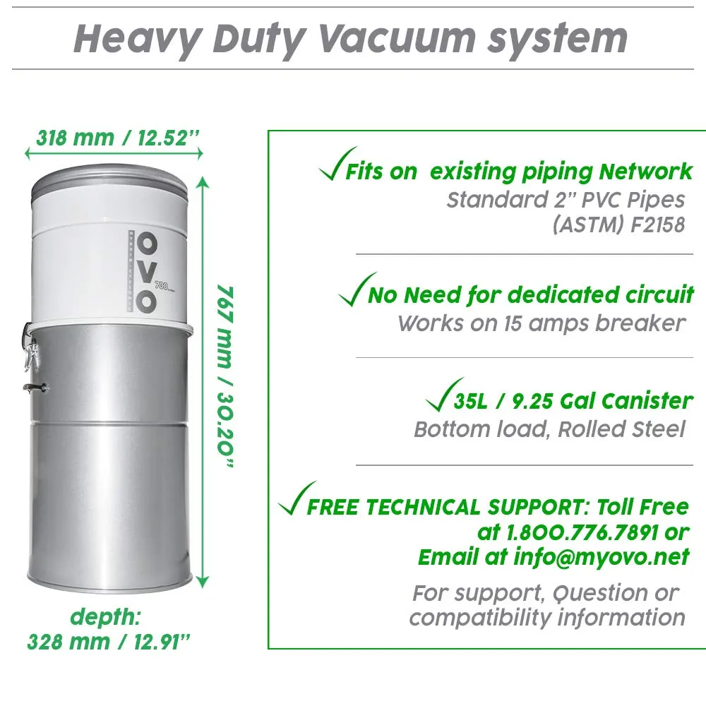 OVO Heavy Duty Central Vacuum System, Hybrid Filtration, 700 Air Watts, 35L Canister, White 4 OVO Heavy Duty Central Vacuum System, Hybrid Filtration, 700 Air Watts, 35L Canister, White - Image 4