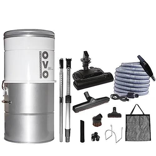 OVO Large Central Vacuum System with 630 Airwatts, 35 ft Deluxe Accessory Kit, White
