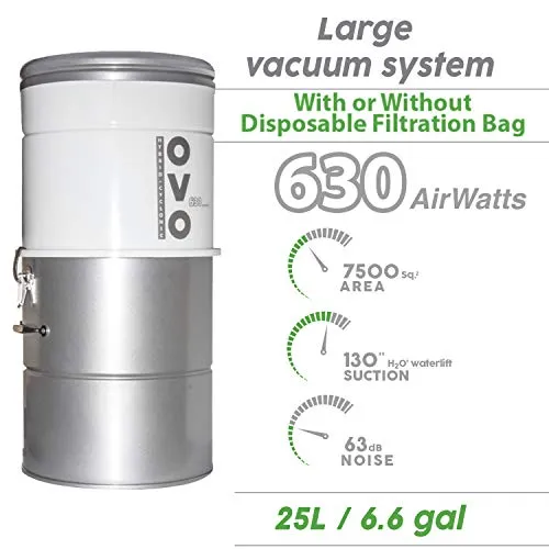 OVO Large Central Vacuum System with 630 Airwatts, 35 ft Deluxe Accessory Kit, White - Image 3