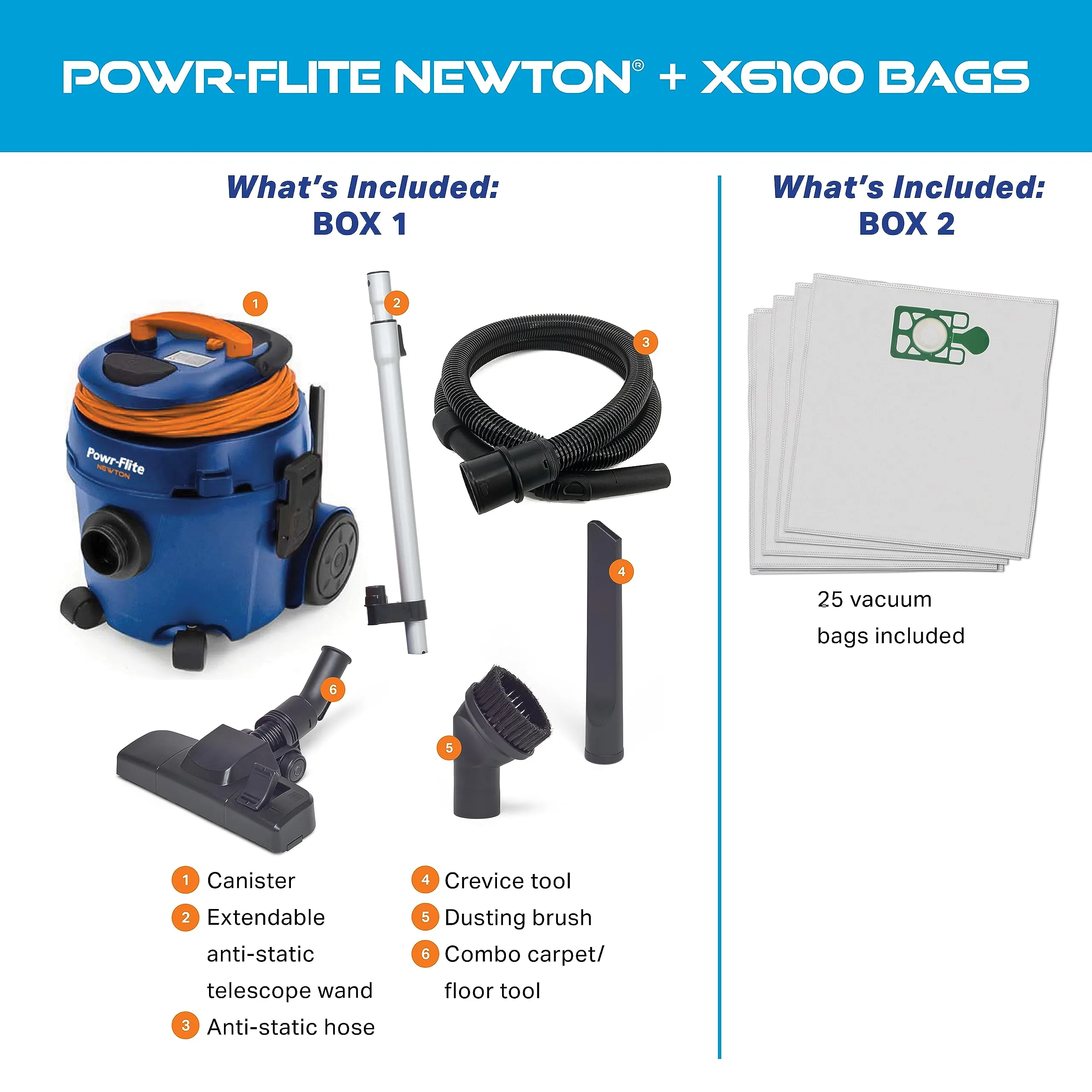 Powr-Flite Newton Dry Canister Vacuum with 25 Bags, HEPA Filtration, Powerful & Quiet for Hardwood - Image 2