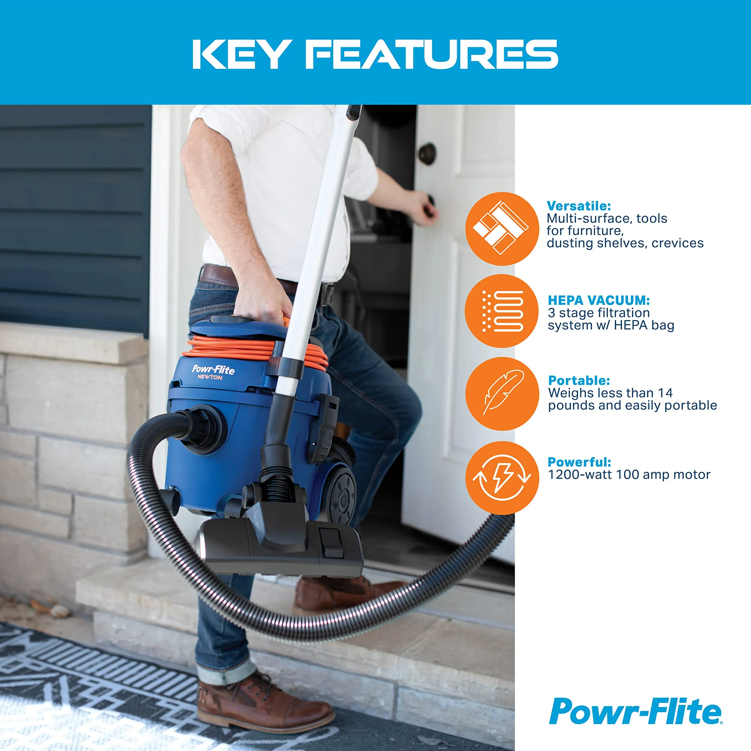 Powr-Flite Newton Dry Canister Vacuum with 25 Bags, HEPA Filtration, Powerful & Quiet for Hardwood - Image 3