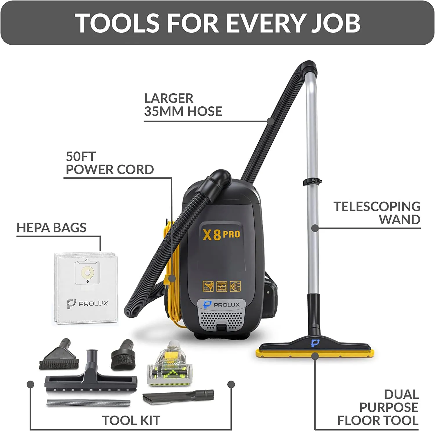 Prolux X8 Pro Backpack Vacuum with 4-Stage Filtration, Super-Suction & 50' Power Cord - Image 7