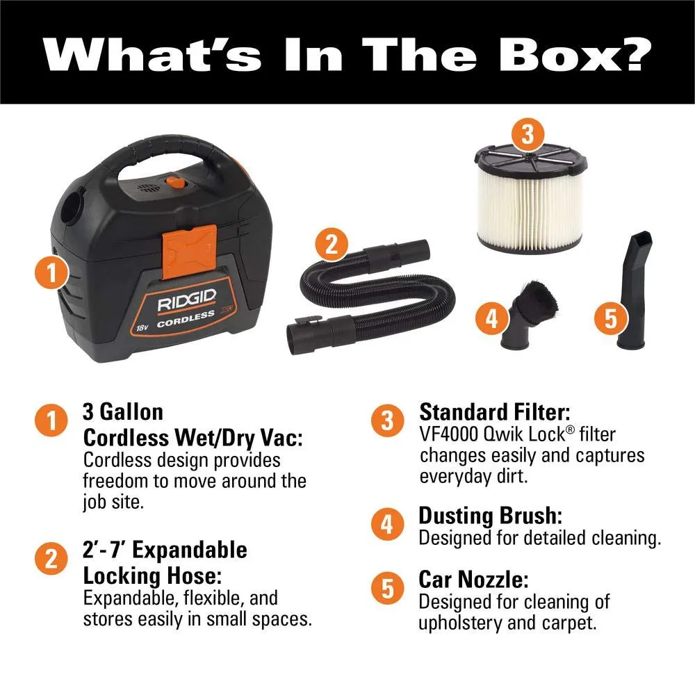 RIDGID 3 Gallon 18V Cordless Handheld Wet Dry Vac with 1-7/8' Extension Wand Accessory - Image 2