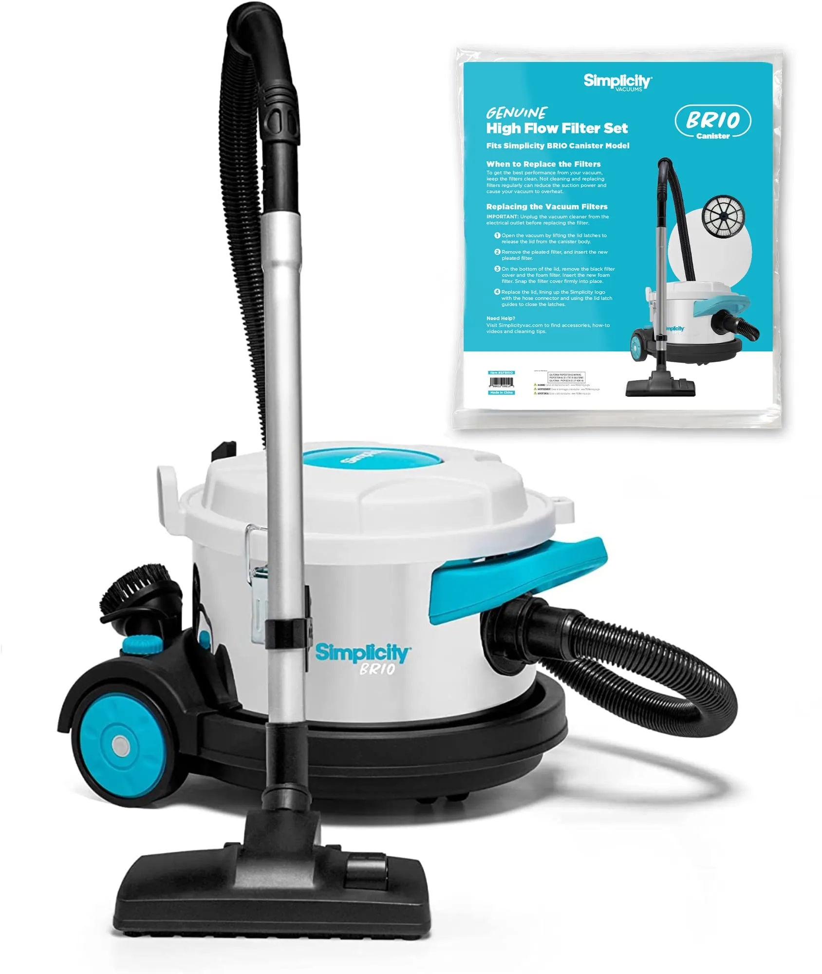 Simplicity Vacuums Brio Canister Vacuum Bundle with Extra HEPA Filter, Ideal for Hardwood & Rugs