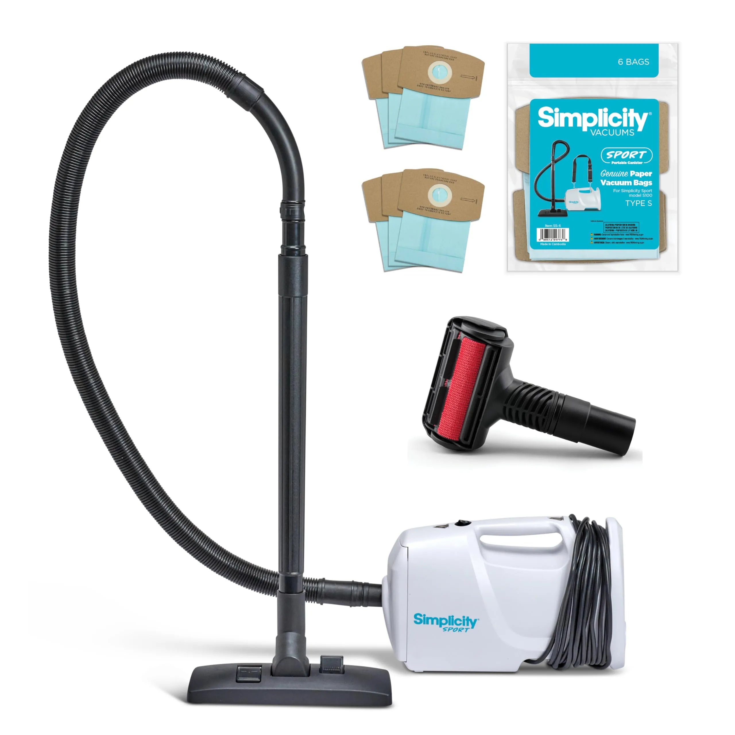 Simplicity Vacuums Bundle - Sport Canister Vacuum, 6 Vacuum Bags, Pet Tool & Storage Bag, White