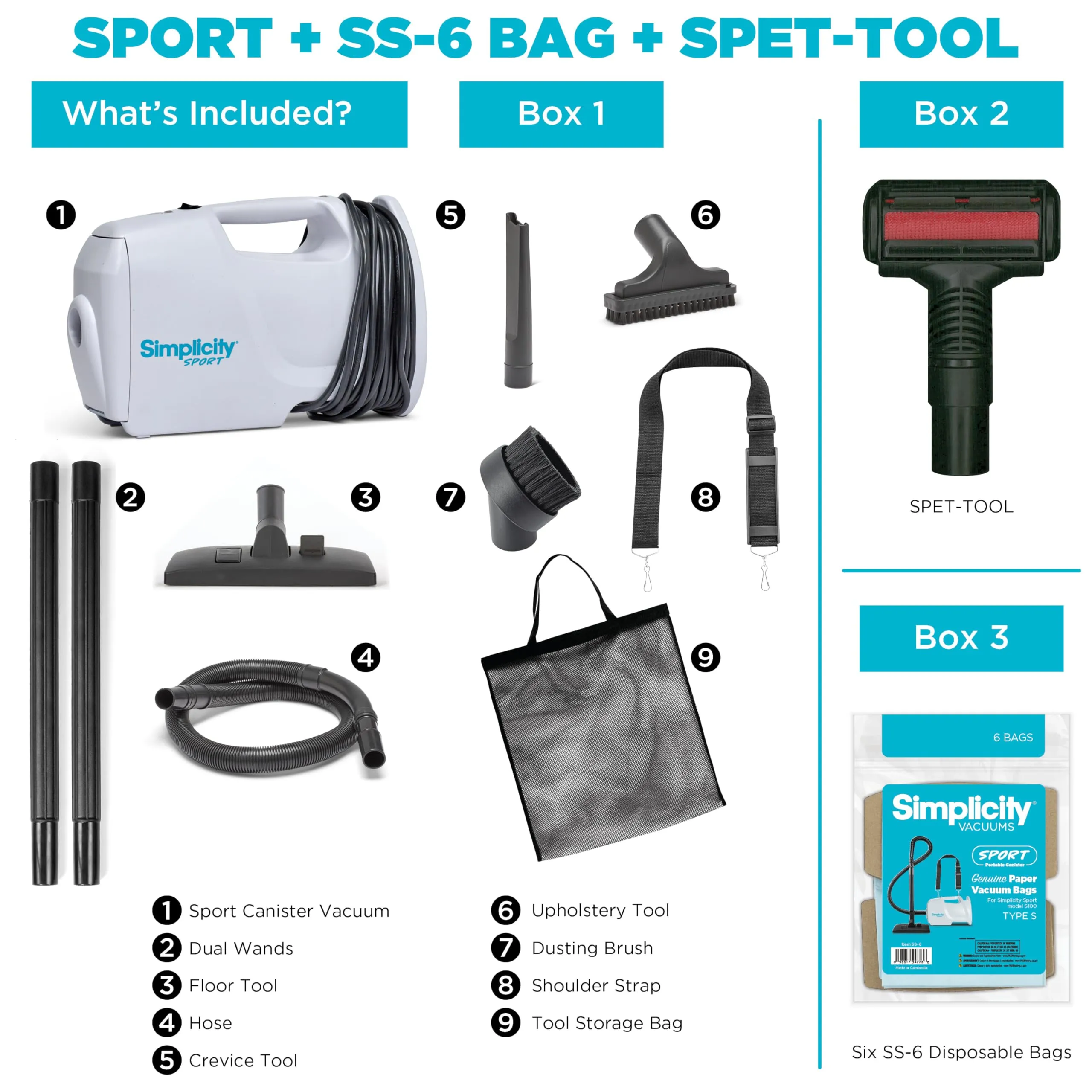 Simplicity Vacuums Bundle - Sport Canister Vacuum, 6 Vacuum Bags, Pet Tool & Storage Bag, White - Image 2