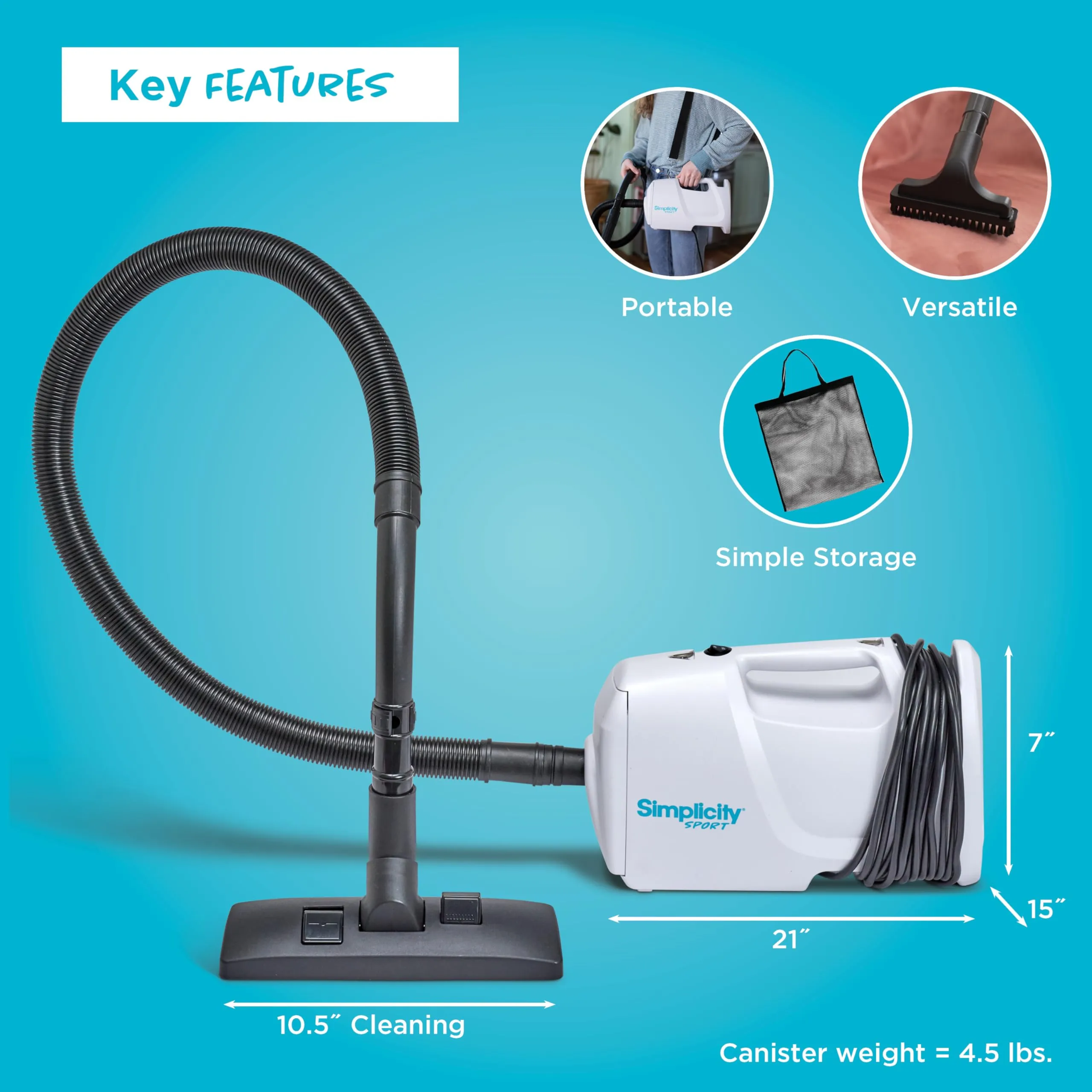 Simplicity Vacuums Bundle - Sport Canister Vacuum, 6 Vacuum Bags, Pet Tool & Storage Bag, White - Image 3