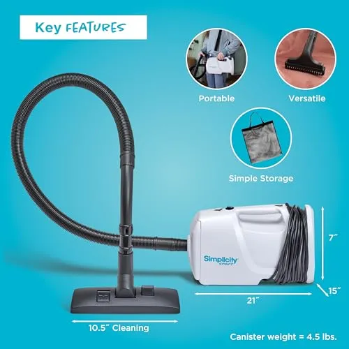 Simplicity Vacuums Sport Small Canister Vacuum Cleaner - Lightweight, High Suction, White, S100.6 - Image 3
