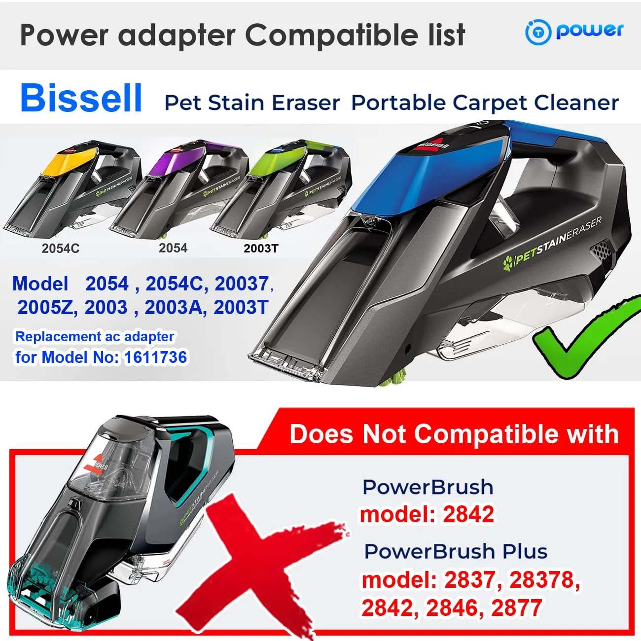 T POWER Charger for Bissell Pet Stain Eraser Models 2002, 20028, 2054 - Portable AC Adapter - Image 2