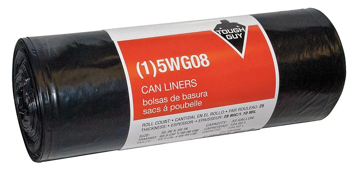 Tough Guy 33 Gallon Trash Bags, 1.1 Mil, Leak-Proof, Durable, 25 Count, Janitorial Cleaning Supplies