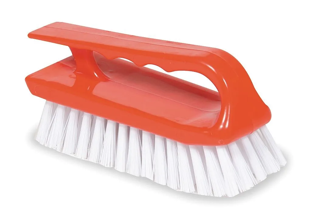 Tough Guy Red Plastic Handle Scrub Brush - 1-1/2' Trim, 6' Length, Stiff Bristles, Chemical Resistant