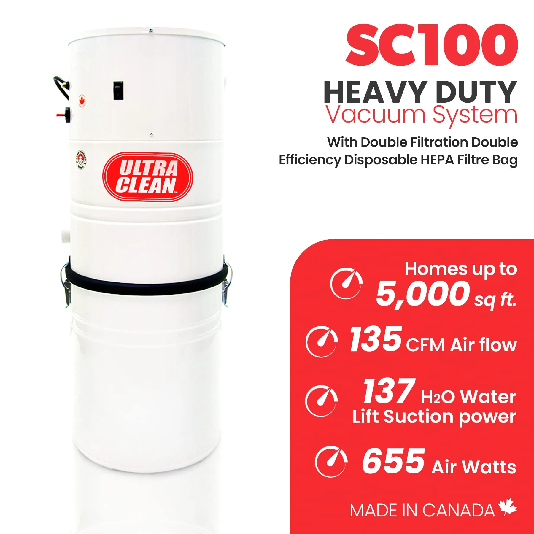Ultra Clean SC100 Heavy Duty Central Vacuum System 655 AW for Homes up to 5,000 sq.ft. – White - Image 2