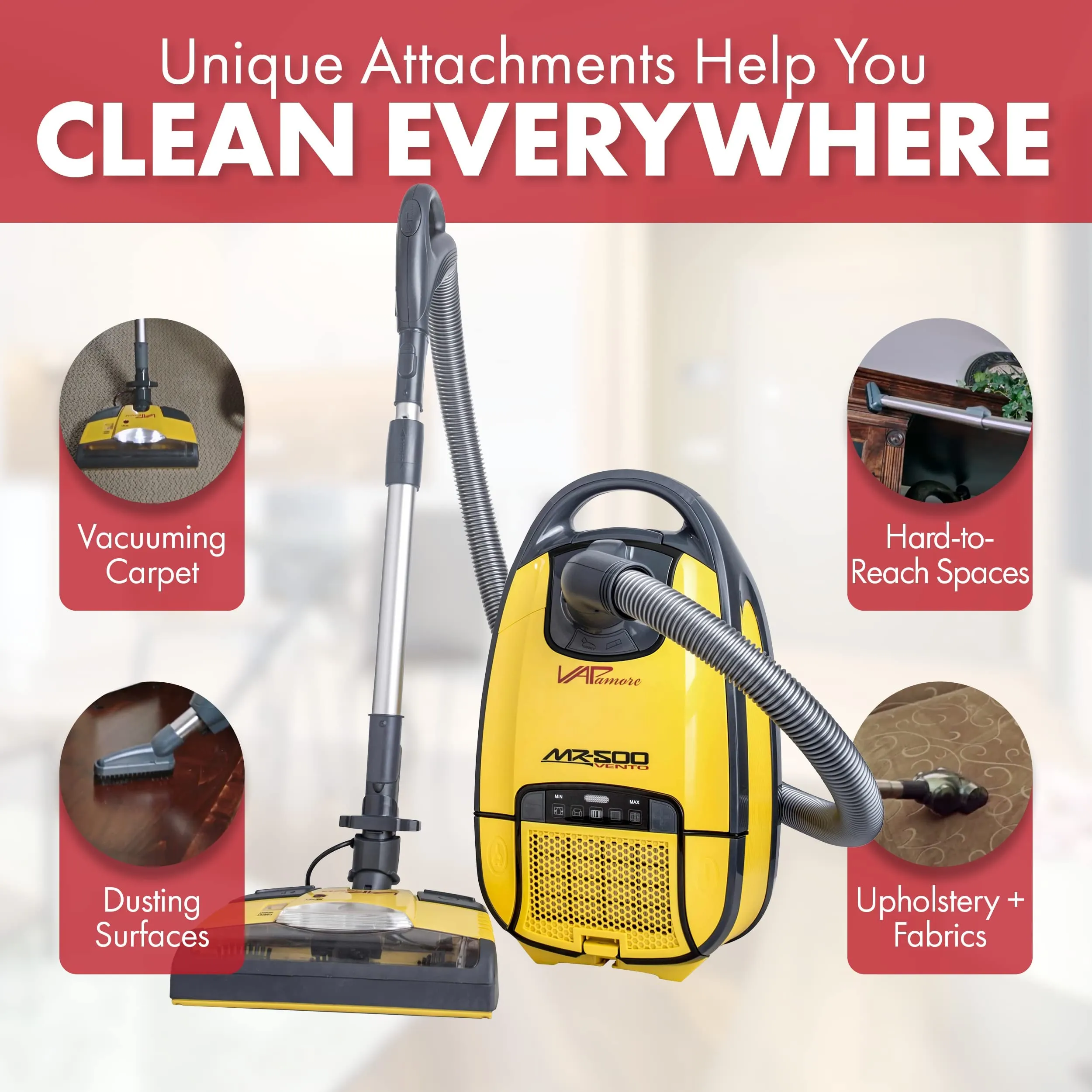 Vapamore MR-500 Vento Canister Vacuum Cleaner, 1400W, HEPA Filtration, Powerful Pet Hair Tools - Image 6