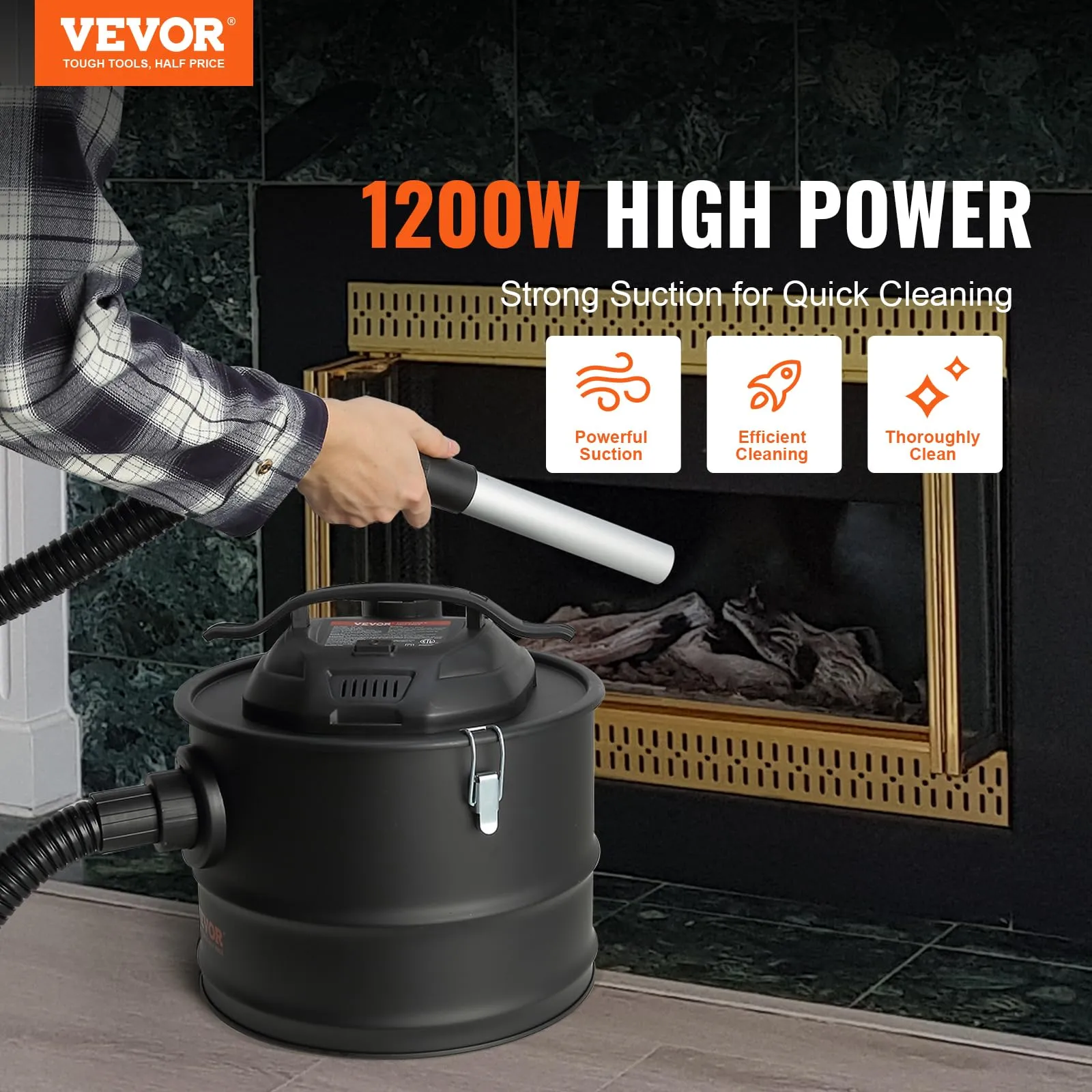 VEVOR 4 Gallon Ash Vacuum Cleaner with 1200W Suction, 47.2' Hose for Fireplaces & Grills - Image 2