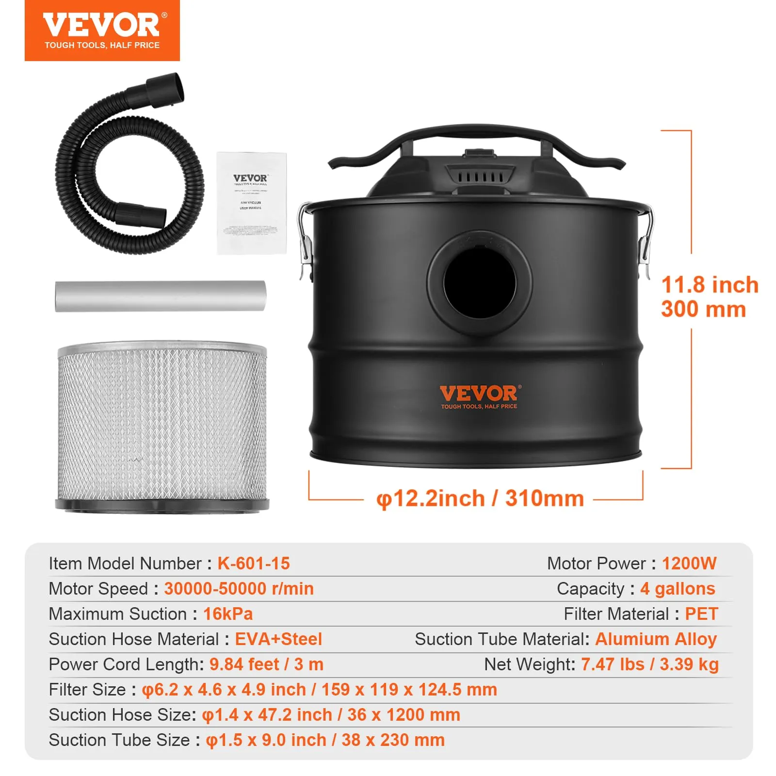VEVOR 4 Gallon Ash Vacuum Cleaner with 1200W Suction, 47.2' Hose for Fireplaces & Grills - Image 7